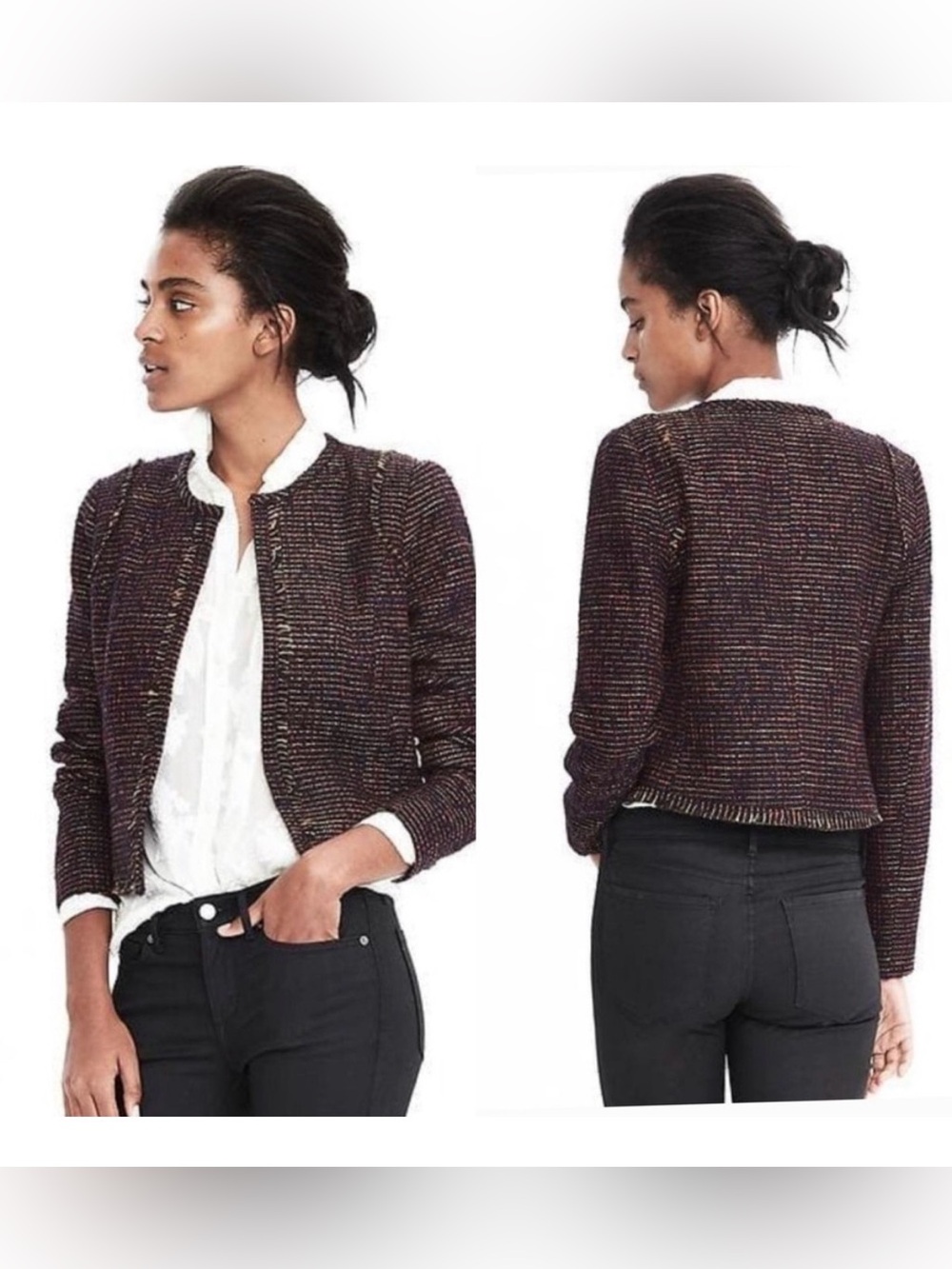 Banana Republic Petite 00 Tweed Boucle Jacket Wool Blend Fringe Cropped